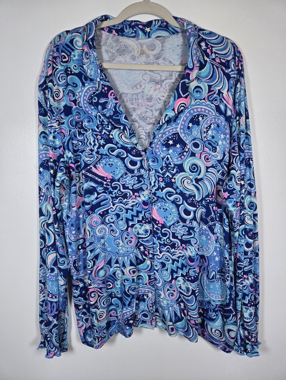 Lilly Pulitzer Blue Celestial Long Sleeve Button Up Pajama Sleep Shirt Plus XXL
